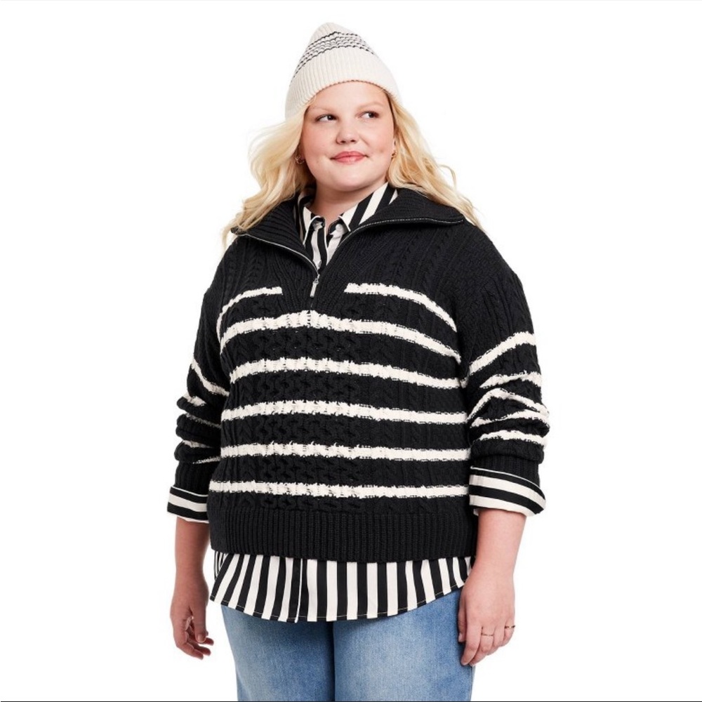 LA LIGNE X TARGET QUARTER ZIP STRIPED CABLEKNIT SWEATER